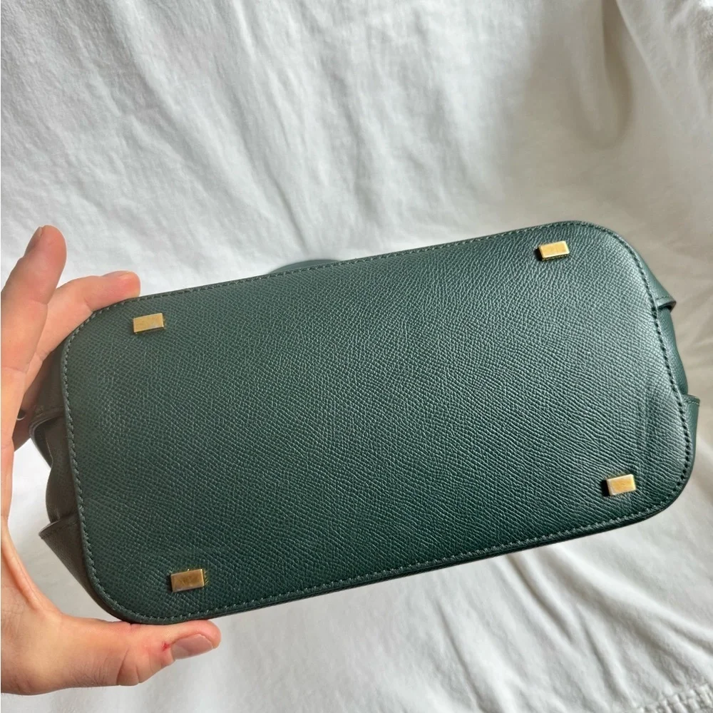 Vintage Celine Logo Plate Leather Tote Green Gold Hardware Authentic